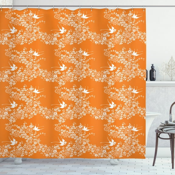 Ambesonne Orange Shower Curtain, Blossoms and Birds, 69"Wx84"L, Orange White