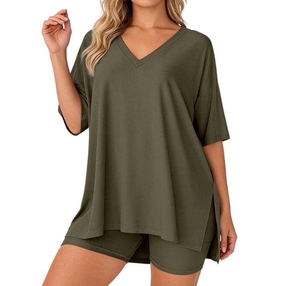 Likimi Two Piece Sets For Women Shorts Sleeve V Neck Solid Color Loose Fit Top With High Waist Shorts Summer Breathable Soft Outfit Set Army Green Size L