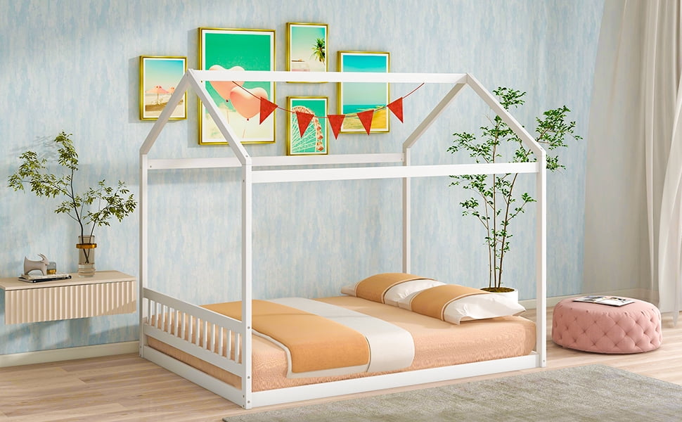 Harper & Bright Designs Queen Size Floor House Bed for Kids, Wood Montessori Bed with Headboard, Full House Bed with Roof for Girls & Boys, White
