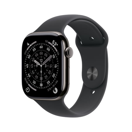 Apple Watch Series 11 [GPS + Cellular 46mm] Smartwatch with Slate Titanium Case with Black Sport Band - M/L