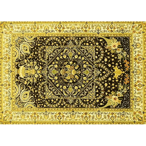 Ahgly Company Machine Washable Indoor Rectangle Persian Yellow Traditional Area Rugs, 7' x 9'