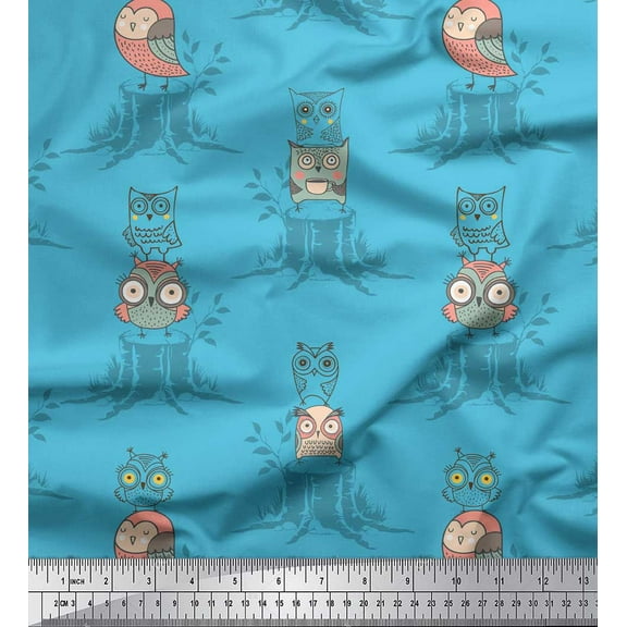 Soimoi Blue Cotton Voile Fabric Tree Stump & Owl Cartoon Print Fabric by the Yard 42 Inch Wide
