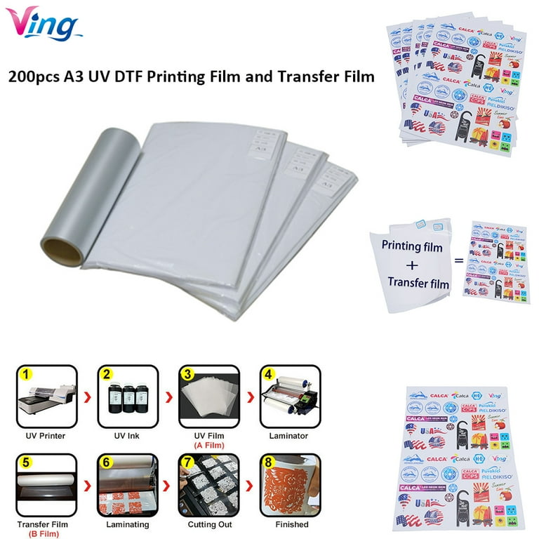 VING UV DTF Transfer Film A3 DTF Film 200 Sheets, PET Heat Transfer Paper,  11.7 x 16.5 A/B Film for UV DTF Printing, DIY Direct Print on Glass,  Leather, Metal, Acrylic 