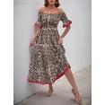 thumbnail image 5 of Women's Leopard Print Off Shoulder Flounce Sleeve Midi Dress 100% Polyester Ruched Smocked Bodice Elegance Evening Wear, 5 of 7