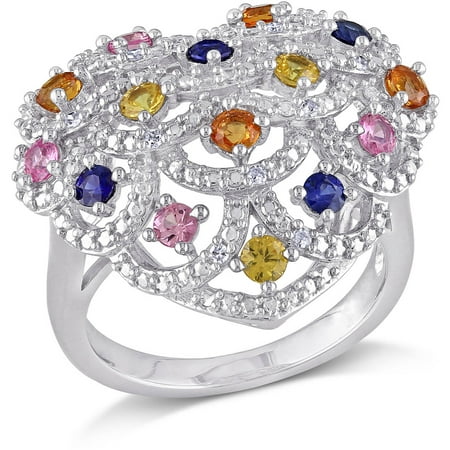 Tangelo 1-1/5 Carat T.G.W. Multi-Color Sapphire and Diamond-Accent Sterling Silver Multi-Stone Heart Design Ring