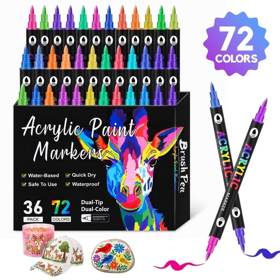 GOPGOY 72 Colors Dual Tip Acrylic Paint Markers, Paint Pens Set for Rock, Wood, Glass, Fabric, Canvas, Ceramic, DIY Crafts, Illustration & Art Supplies for Artists & Beginners
