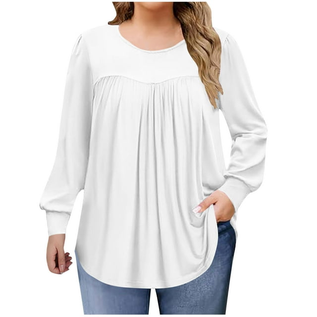 Lmnyox Hauts Grande Taille pour Femmes, Manches Longues Surdimensionnées, Col Rond, Chemises Plissées, Blouses Décontractées Mode