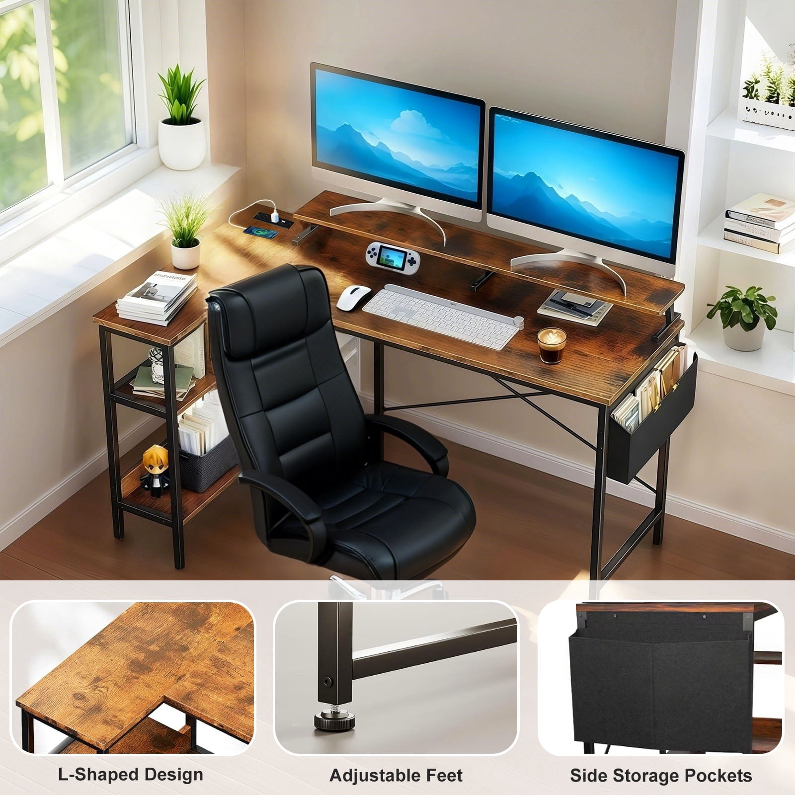 47" Gaming Desk with Power Outlets, Reversible L Shaped Computer Desk with Monitor Stand & Storage Shelves, Corner Home Office Desk with Side Bag for Home Office, Bedroom, Small Space