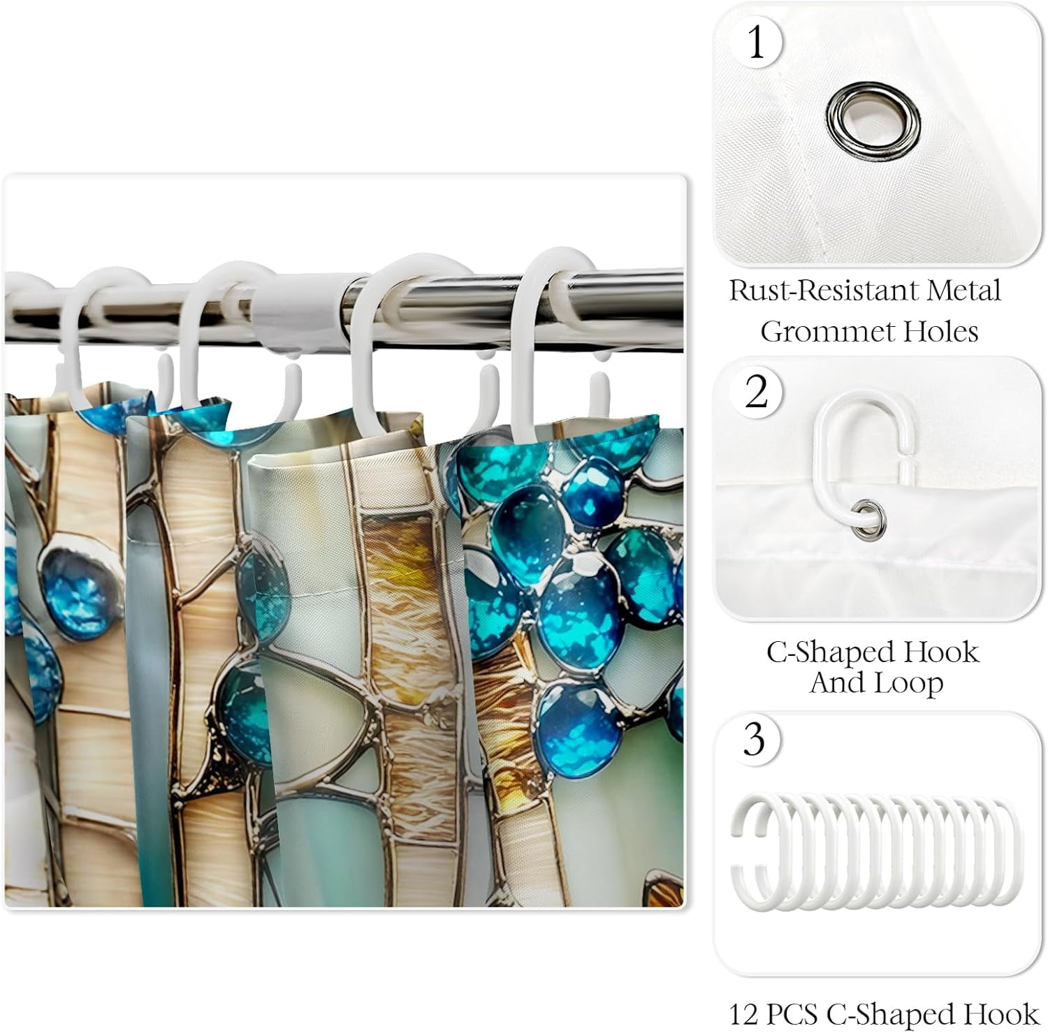 Stained Glass Birch Trees Shower Curtains Purple Floral Green Blue Diamond Barn Door Decor Waterproof Bathroom Curtains Set with Hooks-72"W x 72"L (Pack of 1)