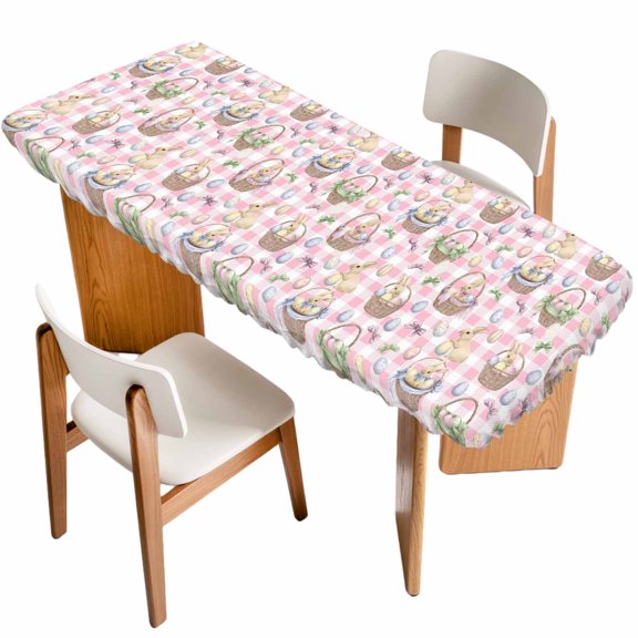 Easter Table Cloths for 8 Foot Rectangle Tables, Spring Rabbits Baskets Eggs Bows Pink Plaid Patio Waterproof Elastic Fitted Tablecloths, Washable Rectangular Table Cover for Camping