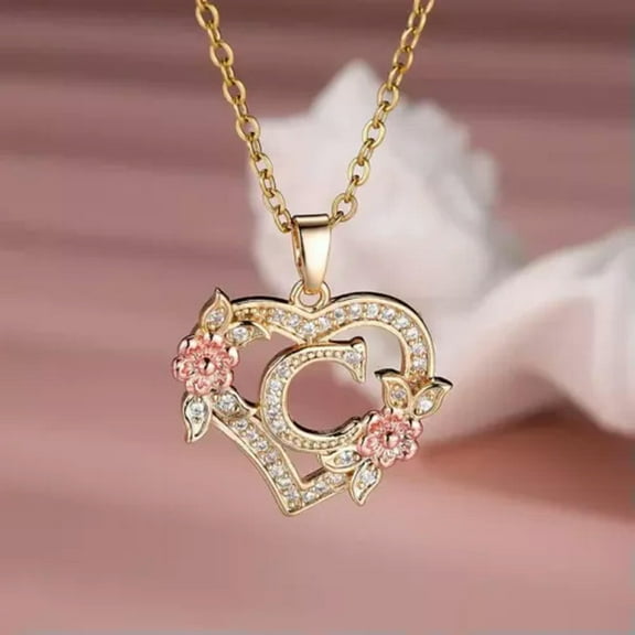 K-KED Fashion Letter C Love Heart Necklace Flower Rose Golden Necklace Delicate Jewelry Women