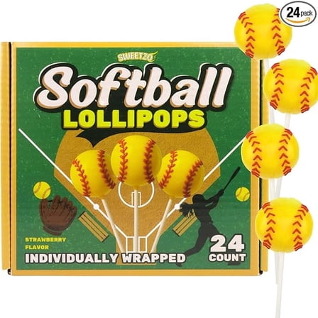 Softball Lollipops, Sports Team Party Favors, Individually Wrapped, Pack of 24, 10.16 Ounces
