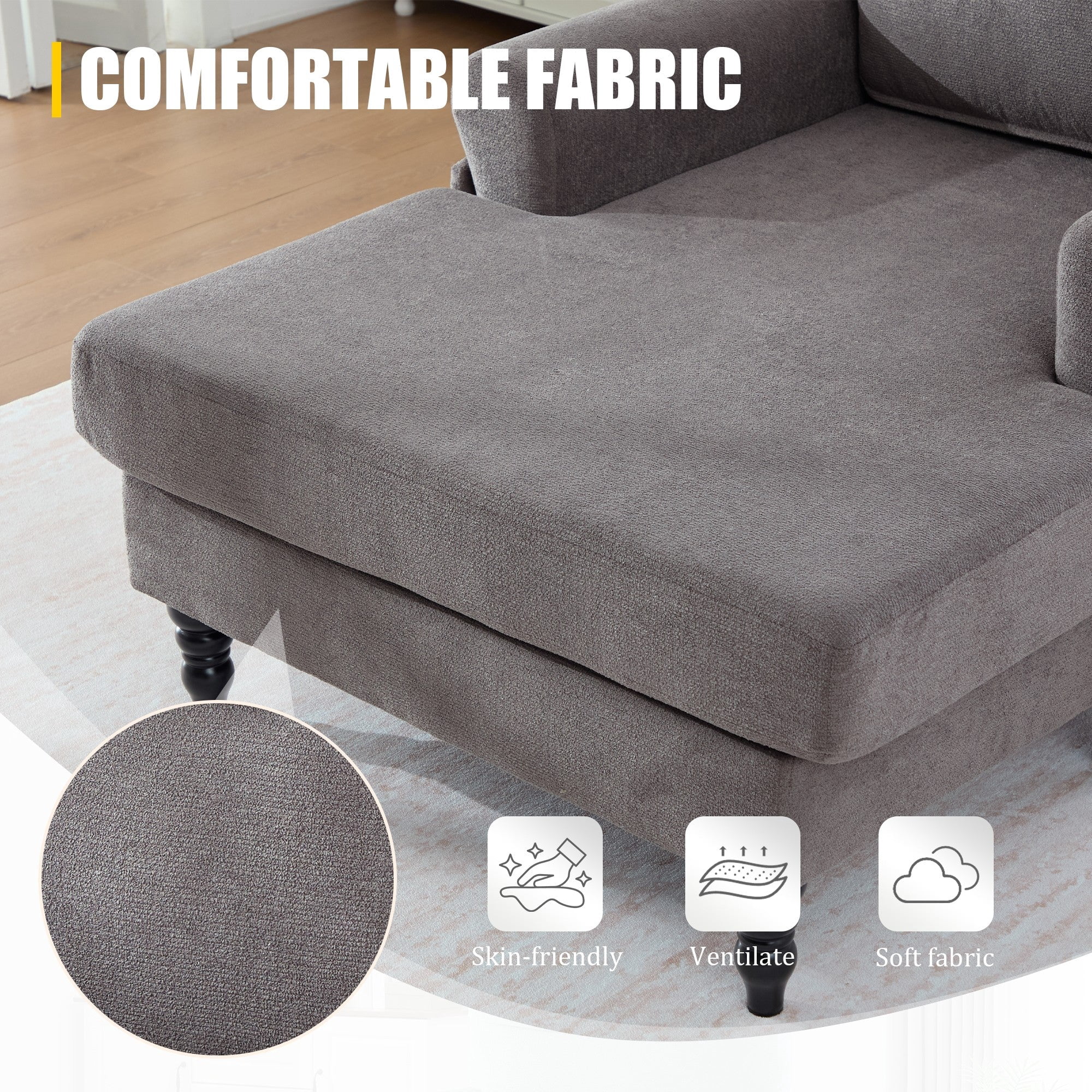 Sailvan Modern Chenille Chaise Lounge Indoor Recliner Chair Single Sofa with Storage Pocket & Solid Wood Legs Dark Gray
