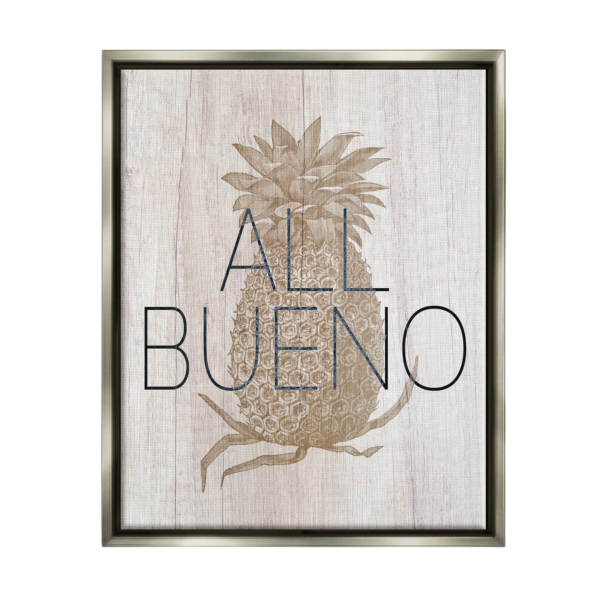 Stupell Industries All Bueno Phrase Vintage Pineapple Illustration Rustic Pattern Luster Gray Framed Floating Canvas Wall Art, 16x20, by Daphne Polselli
