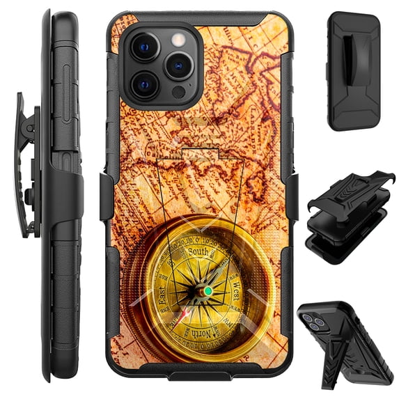 Compatible with iPhone 14 Pro 6.1" Hybrid Luxguard Holster Phone Case Cover (Treasure Map)