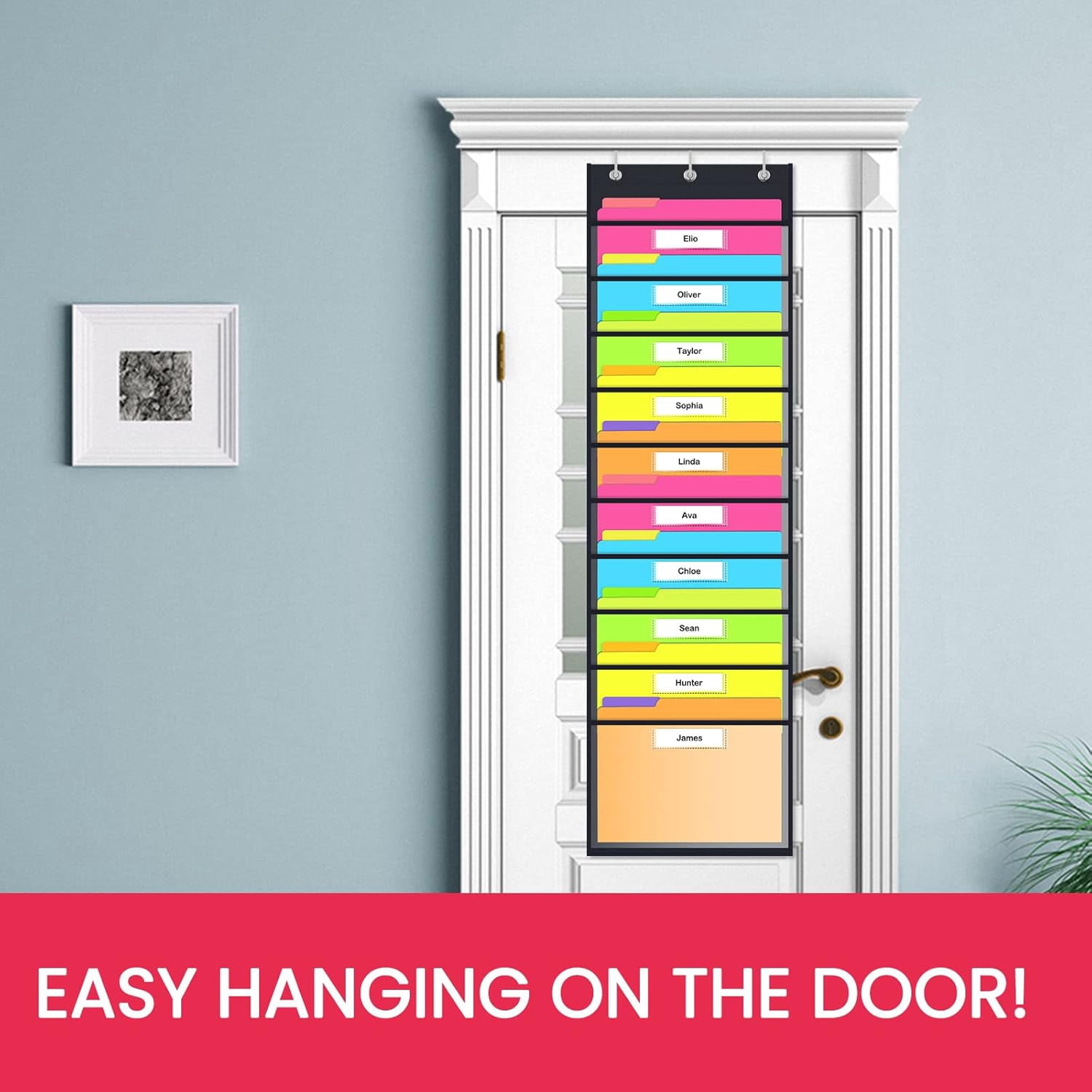 Clear Storage Pocket Chart for Classroom & Office with 10 Nametag Pockets, 3 Overdoor Hangers Included, Hanging Wall File Organizer for File Folders, Assignments, Files, Scrapbook Papers & More