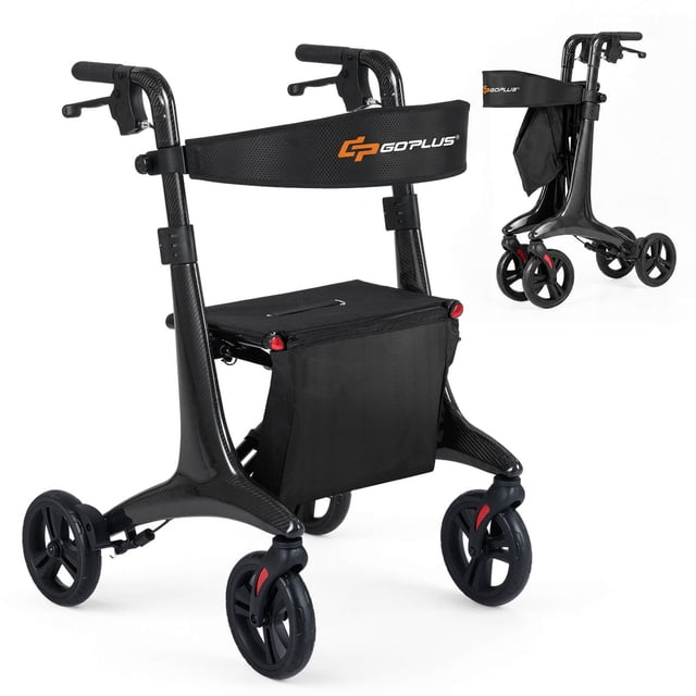 Goplus Déambulateur à Roulettes Pliable pour Aînés, Déambulateur Ultraléger à Roulettes avec Siège Roues de 8 Pouces