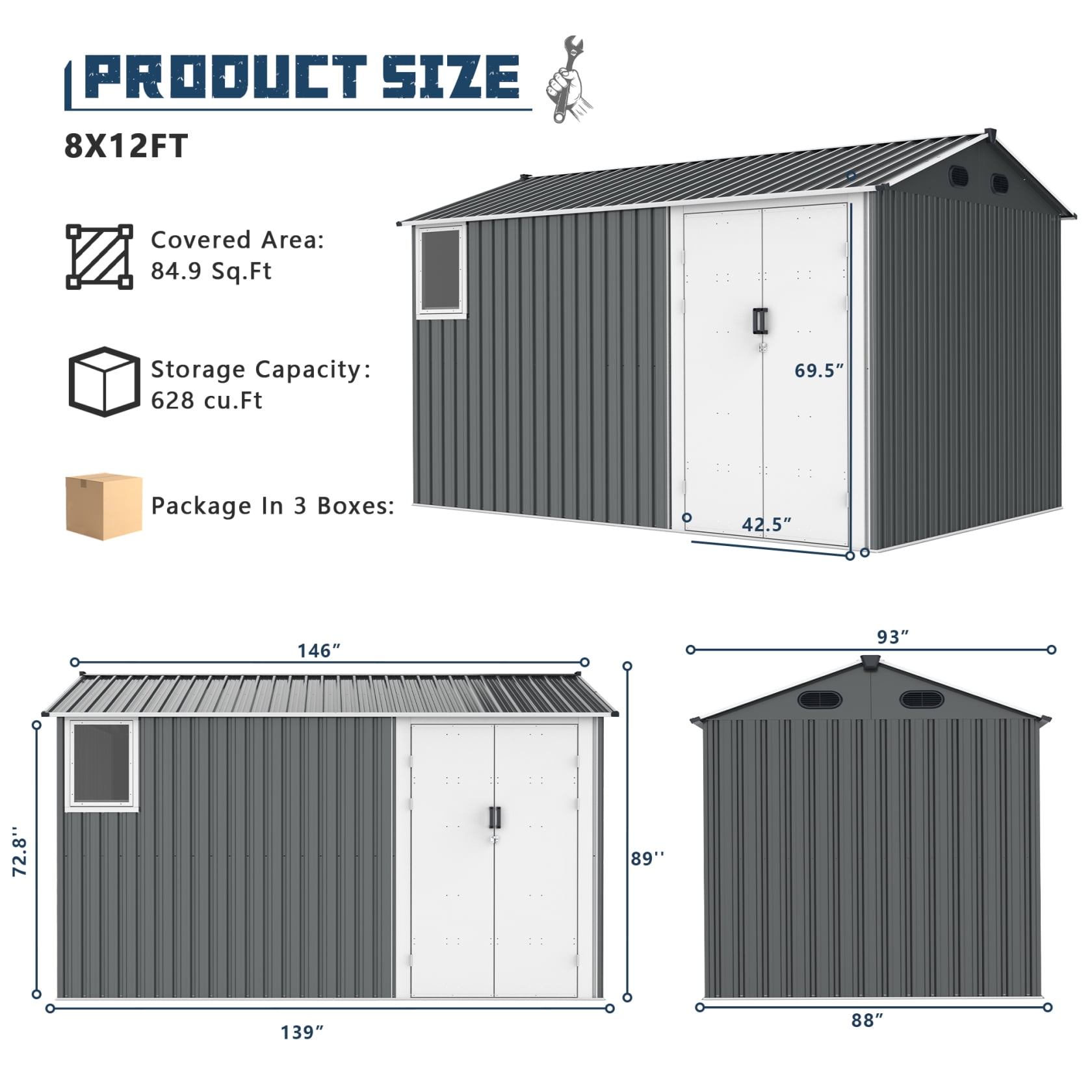 Miekor Furniture 8x12 Ft Metal Outdoor Storage Shed with Window, Floor Base, Air Vents and Double Hinged Door 99475