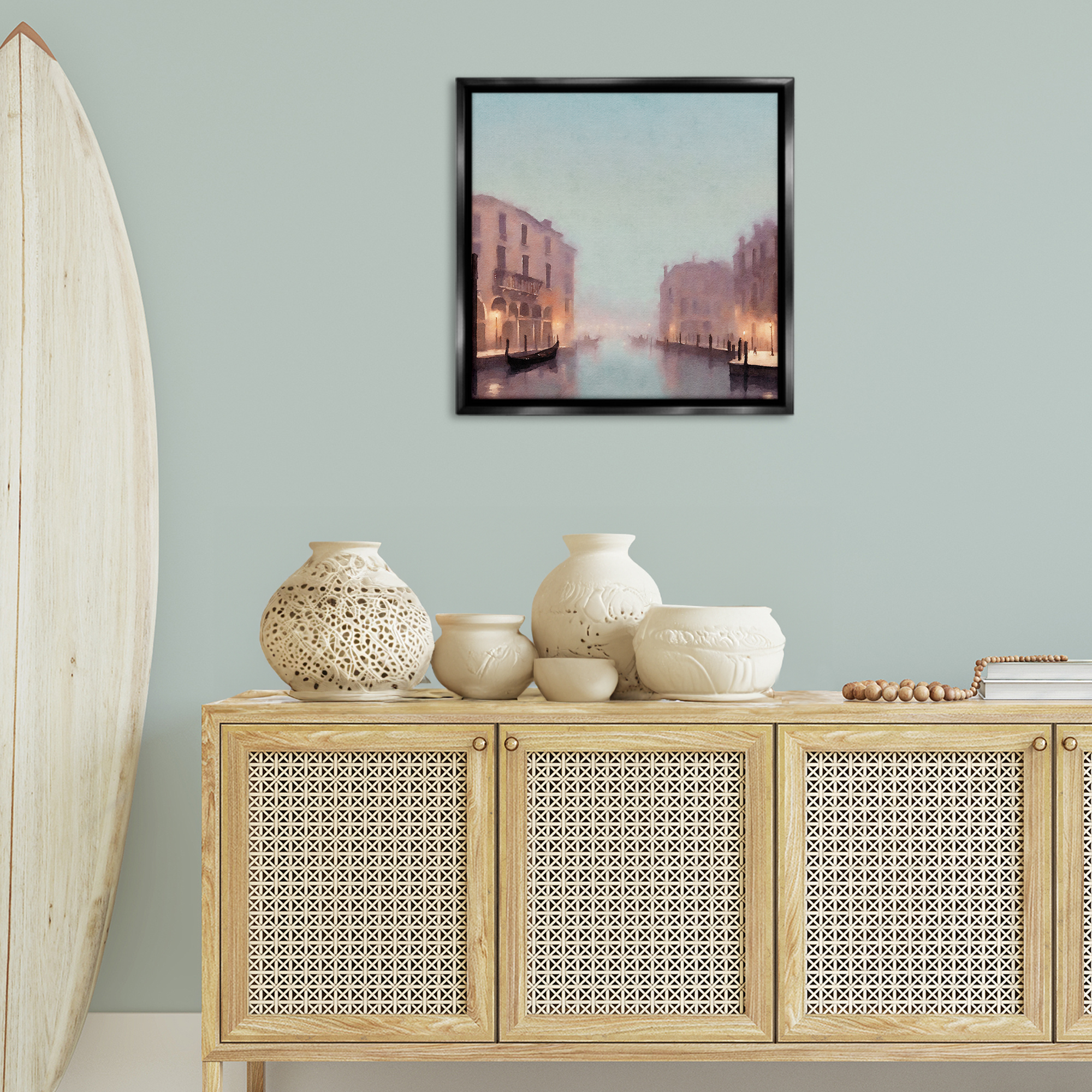 Stupell Industries Lights In Misty Canal Buildings & Architecture Painting Black Floater Framed Canvas Art Print Wall Art, 25 x 25