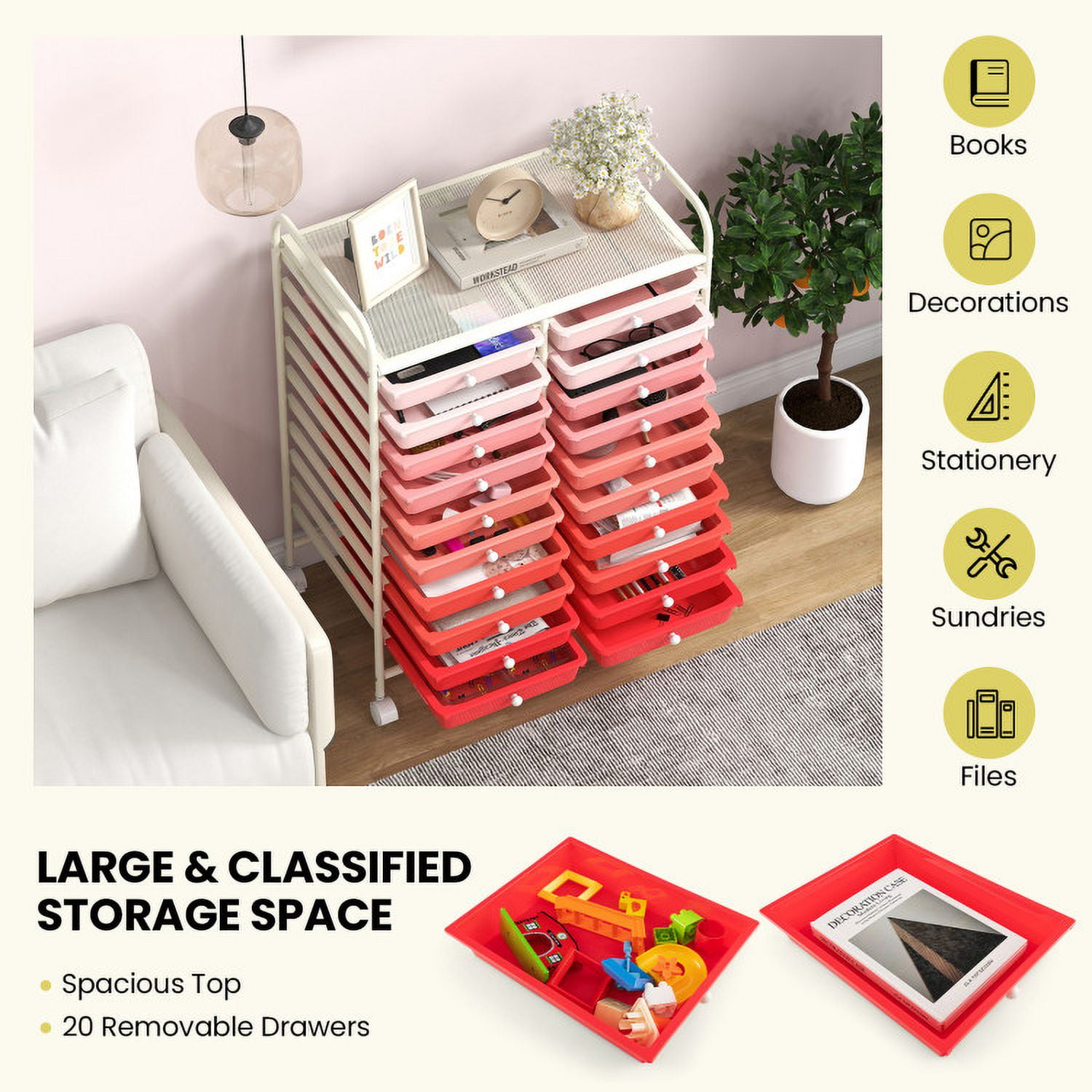 Demi Bonn 20 Drawers Storage Rolling Cart Studio Organizer with 4 Universal Casters, Gradient Pink