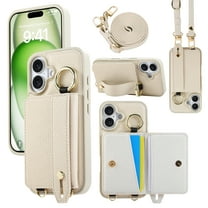 ELEHOLD Case for iPhone 16, Shockproof PU Leather Crossbody Wallet Case with Wrist Strap & Kickstand & Card Holder,White