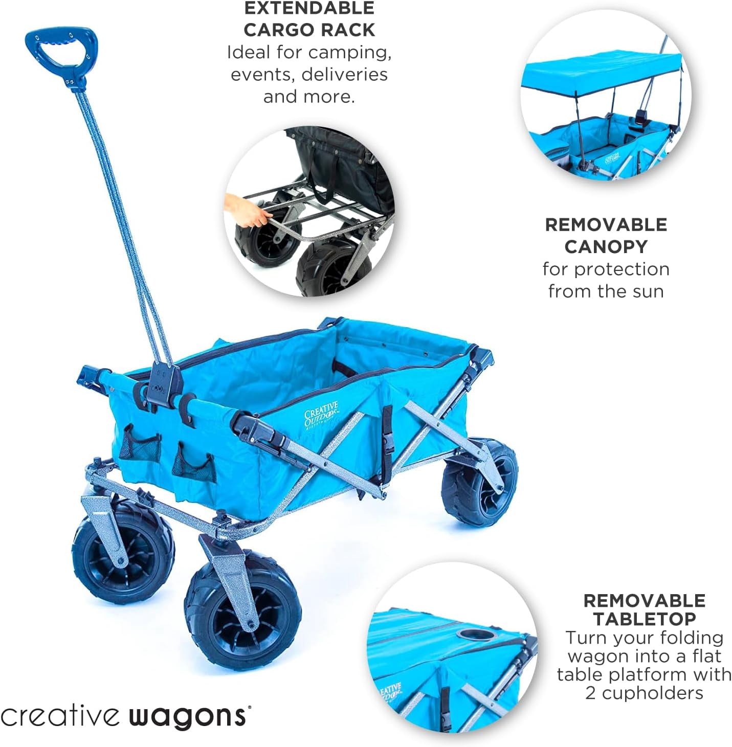 Creative Outdoor Foldable Wagon with Canopy and All Terrain Wheels, 150lbs Weight Capacity, Blue