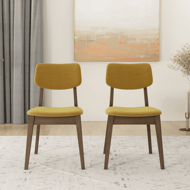 Set of 2 Dark Yellow Velvet Dining Chairs - Solid Wood Legs Armless Upholstered Side Chairs for Kitchen & Living Room