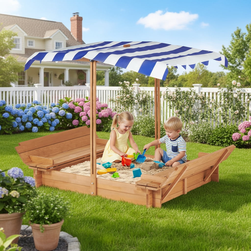 Kids Sandbox with Adjustable Canopy, 46'' Wooden Sand Box with 2 Foldable Bench Seats, Outdoor Cedar Sandpit for Backyard Play