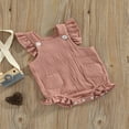 thumbnail image 3 of Baby Girl Summer Jumpsuit Solid Color Double Pockets Ruffled Edge Sleeveless Romper Birthday Gifts, 3 of 7