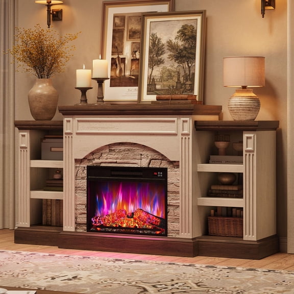 Fireplace TV Stand for TVs Up to 80 Inch, Electric Fireplace with Mantel, Farmhouse Wood Entertainment Center for Living Room, Remote Control Adjustable 3D Flame Effect, White Walnut