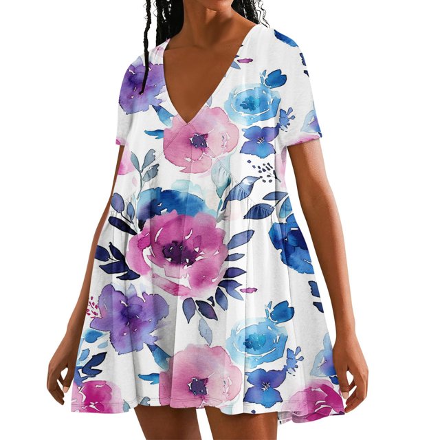 Vestido de Verano Casual, Vestido de Cuello en V sin Mangas Impreso Suelto Hecho de Poliéster Cómodo para el Uso Diario de Verano de Primavera, Vestido de Verano de Mujer