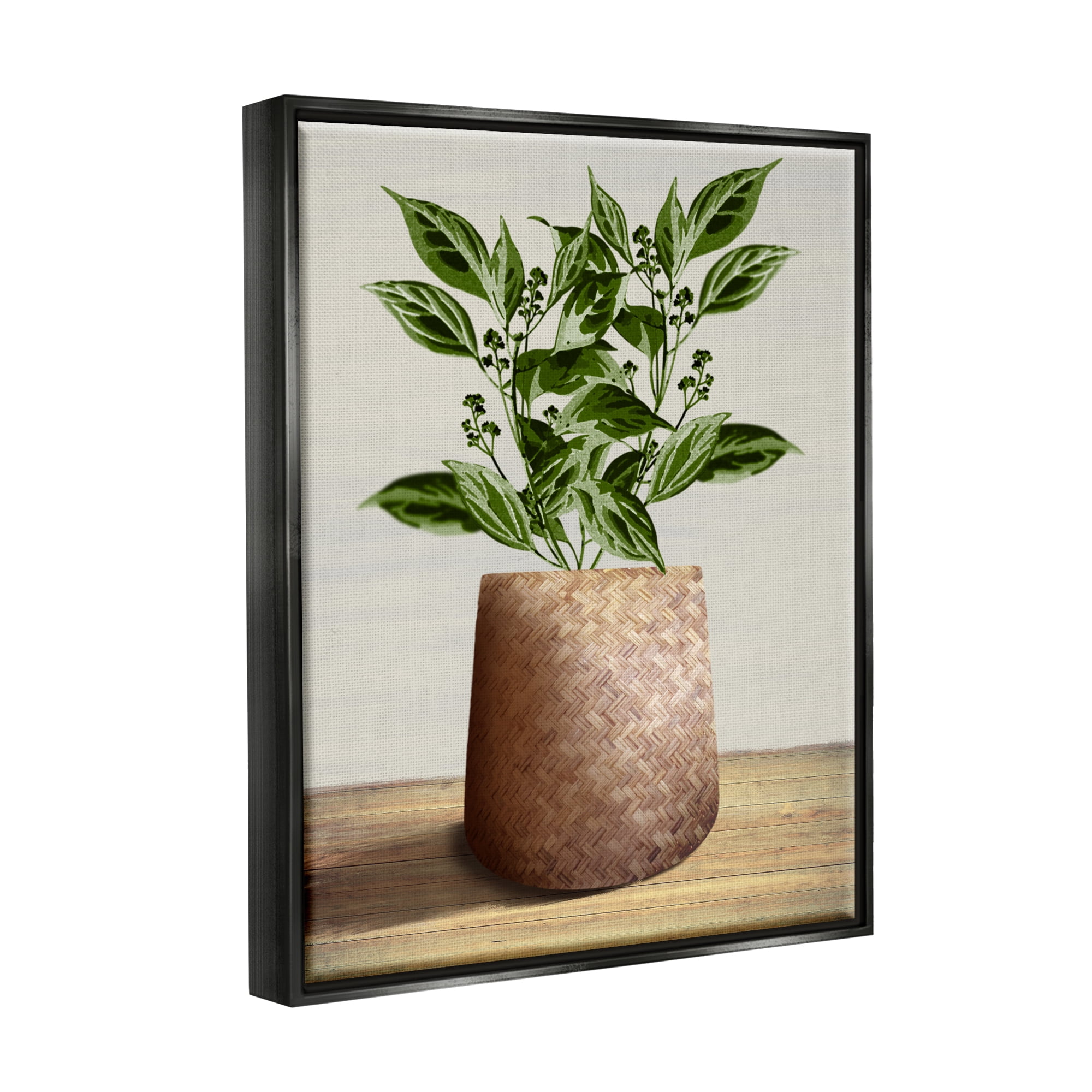 Stupell Industries Plant in Woven Planter Botanical & Floral Painting Black Floater Framed Canvas Art Print Wall Art, 25 x 31