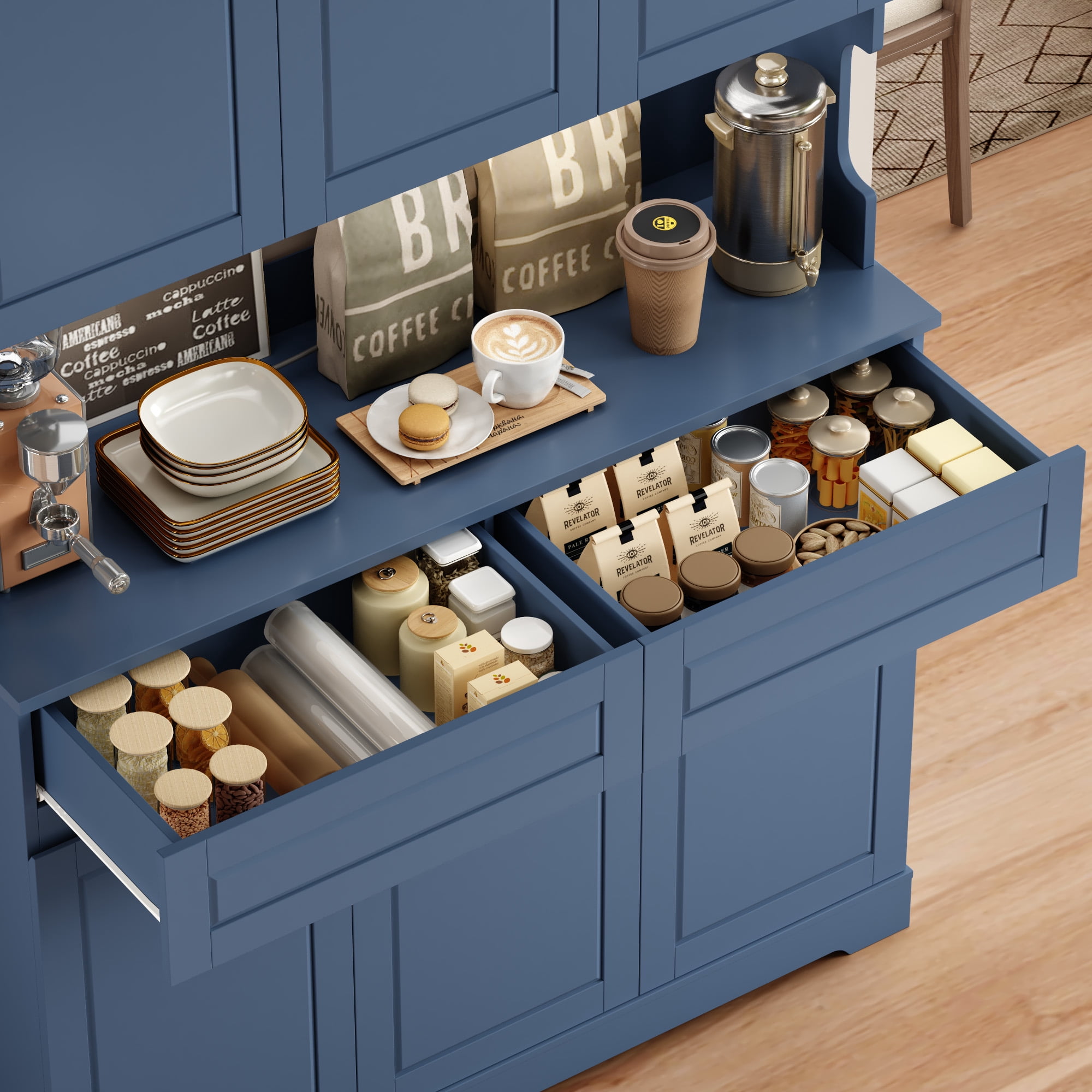 Homfa 73.8”H Pantry Cabinet with 6 Doors and 2 Drawers, Microwave Stand Storage Cabinet with Grooved Handles and Adjustable Shelf for Kitchen Dining Room, Deep Blue
