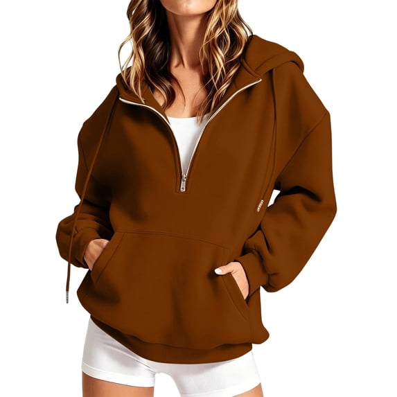 Hsovts Womens Half Zip Oversized Sweatshirts Fleece Hoodies 2026 Trendy Long Sleeve Pullover Tops Fall Outfits Brown L