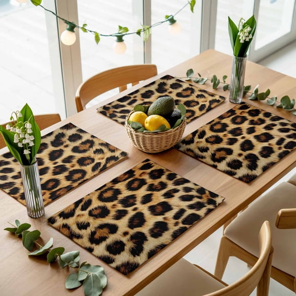 Leopard Print Placemats Set of 4,Wipeable Washable Table Mats for Dining Tables, Vintage Brown Abstract Animal Place Mats for Kitchen Event Party Tabletop Decor