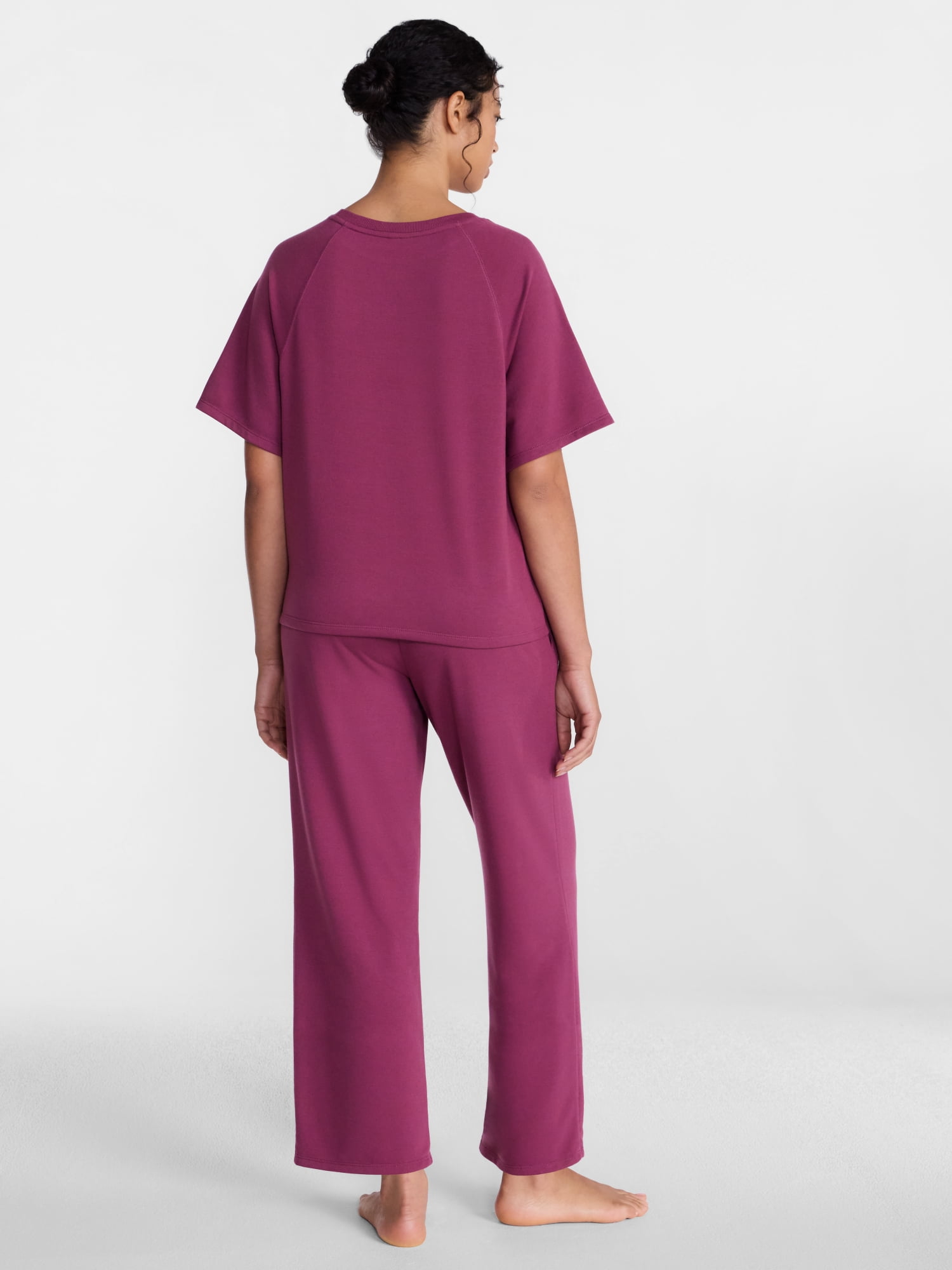 Joyspun Women's French Terry Lounge Sleep Short Sleeve Top and Capri Pants, 2-Piece Set, Sizes XS-3X