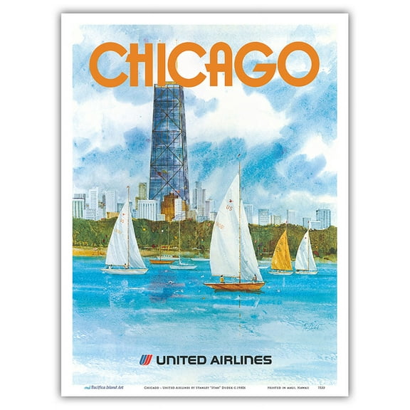 Chicago Illinois - John Hancock Center - United Airlines - Vintage Airline Travel Poster by Stanley "Stan" Dudek c.1980s - Master Art Print (Unframed) 9in x 12in