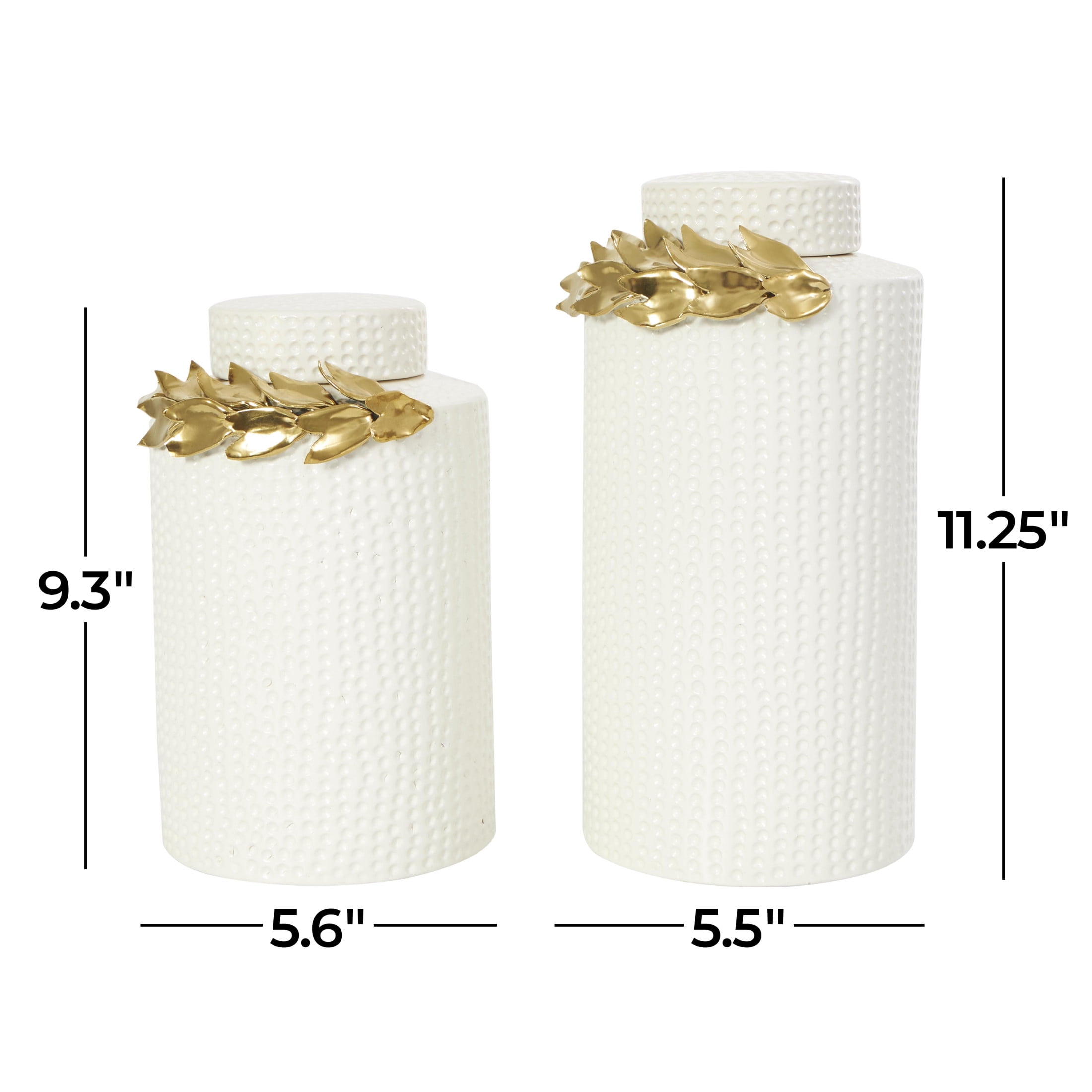 DecMode 11", 9"H White Ceramic Leaf Decorative Jars with Abstract Spotted Pattern and Gold Accents, 2-Pieces