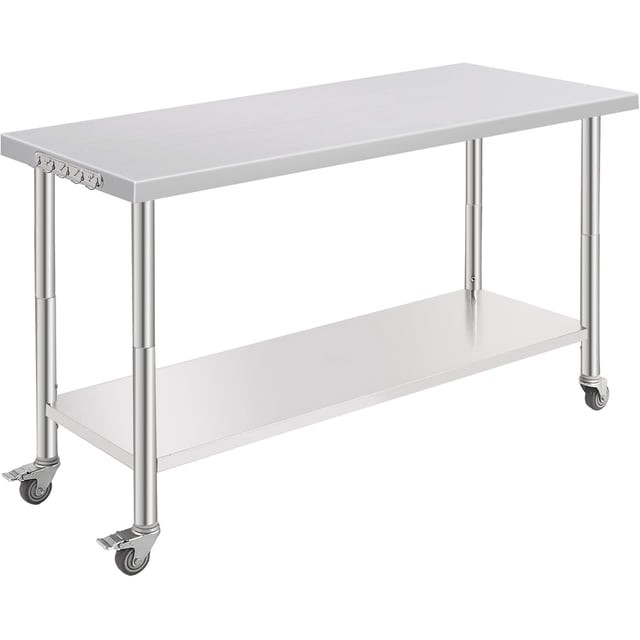Table de Travail Roulante en Acier Inoxydable NSF 60x24 Po avec Roues, Crochets et Tablette Inférieure Ajustable, Table de Préparation Robuste pour Cuisine, Bar, Restaurant, Maison