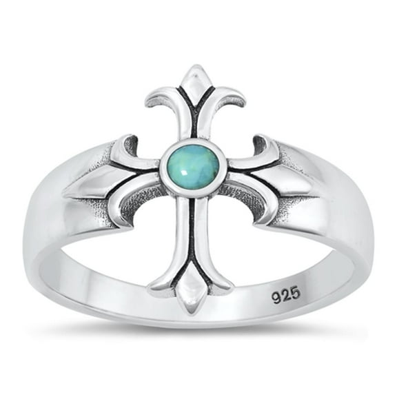 Simulated Turquoise Cross Ring .925 Christian Sterling Silver Band Blue Cubic Zirconia Female Size 6