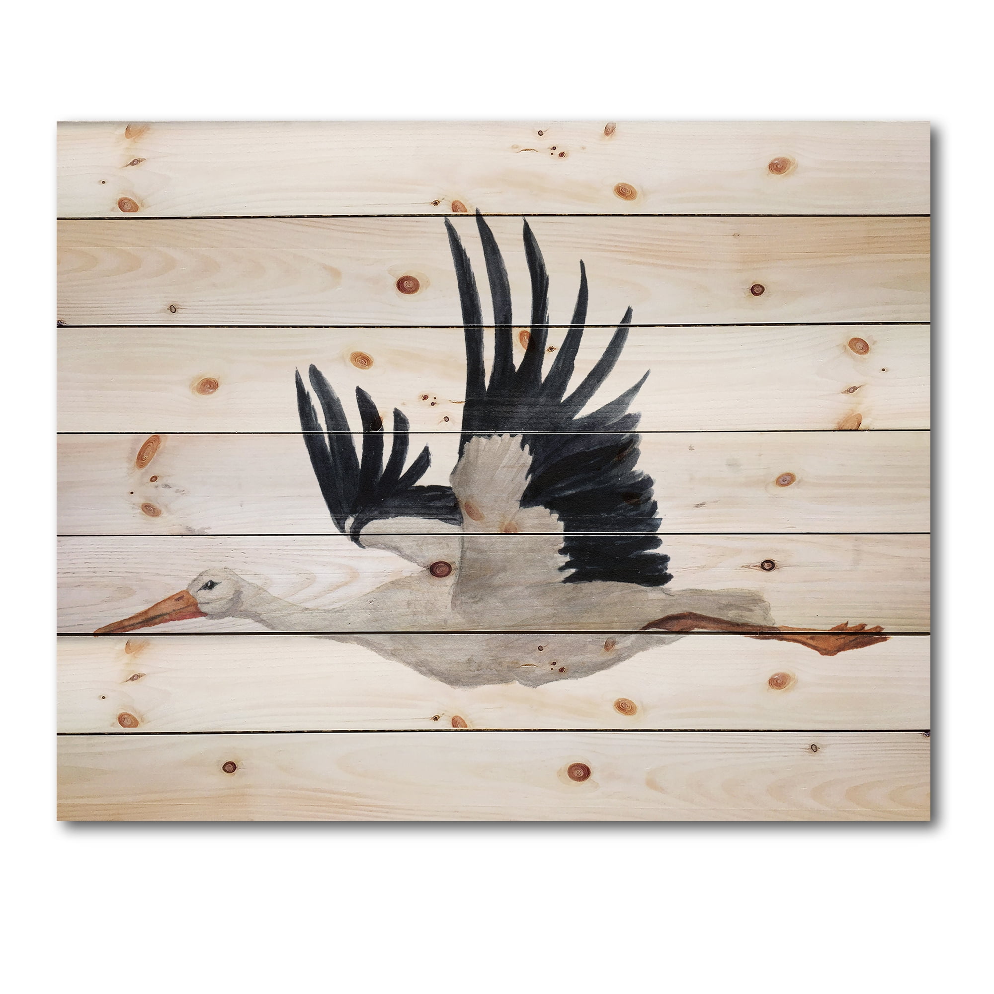 Designart 'White Stork Ciconia Flying Bird ' Traditional Print on Natural Pine Wood