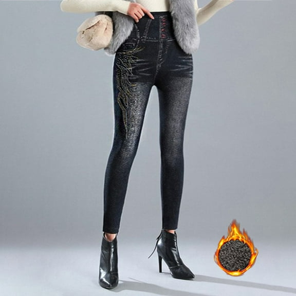LINGLANG Lined Leggings Women Tights Velvet Encrusted Elastic Waist High Elastic Tight Fitting Imitation Denim Pocket High Waist Thick Thermal Winter Warm Workout Yoga Pants