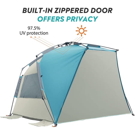OutdoorMaster Pop Up Beach Tent for 4 Person - Easy Setup and Portable Beach Shade Sun Shelter Canopy with UPF 50  UV Protection Removable Skylight Family Size - Light Blue Gray