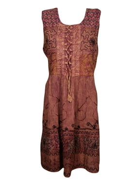 Mogul Women's Rust Stonewashed Rayon Sleeveless Embroidered Summer Fashion Midi Dress M