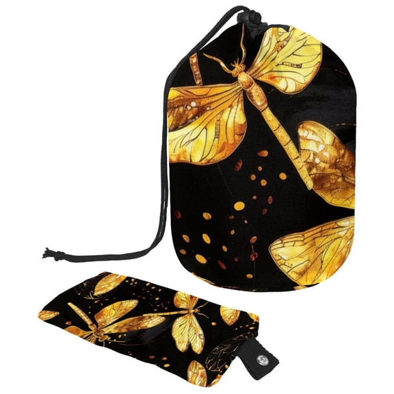 PhooArto Large Barrel Drawstring Makeup Bag, Dragonfly Golden Patterns Travel Cosmetic Bag Portable Make Up Organizer Bag