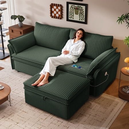 FFZ 85 inch Convertible 2-in-1 Sofa Bed with Plush Fabric for Living Room, Green