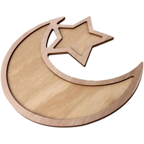 Bandeja de comida Eid Mubarak Ramadán Madera Eid Mubarak Vajilla de comida para fiestas Bandeja de postres Vajilla para servir en forma de estrella y luna Plato artístico Vajilla para servir Soporte