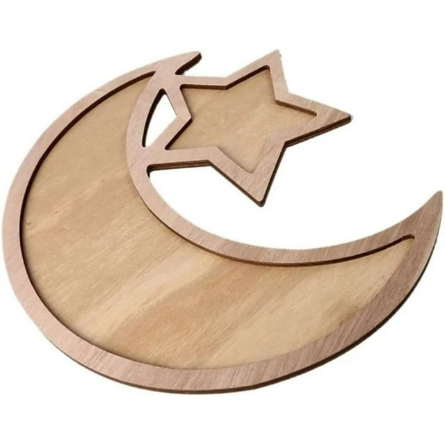 Bandeja de comida Eid Mubarak, bandeja de madera para Ramadán, vajilla para fiesta Eid Mubarak, bandeja de postres, vajilla con forma de estrella y luna, plato artístico, soporte de exhibición para