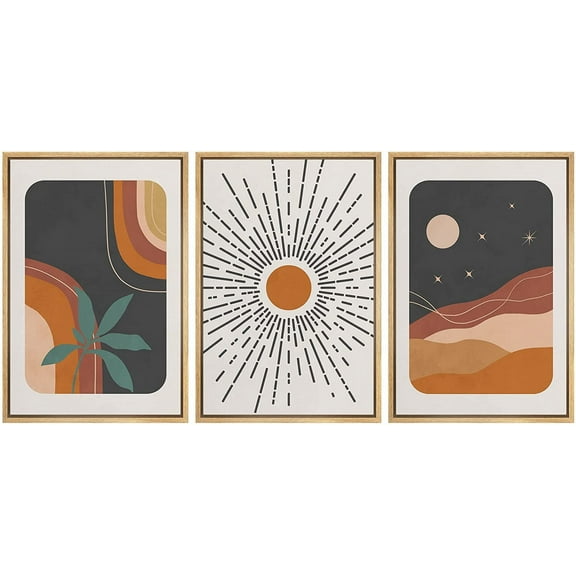 wall26 Framed Canvas Print Wall Art Set Mid-Century Colorful Sun Moon Landscapes Nature Abstract Illustrations Modern Art Bohemian Decorative for Living Room, Bedroom, Office - 16"x24"x3 Natural