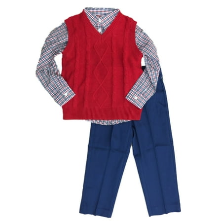 

TFW Toddler Boys Suit Red sweater Vest Plaid Shirt & Blue Pants Set Outfit 4T